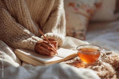 woman writing gratitude journal with tea cup nearby, cozy sunlight, aesthetic lifestyle stock photo