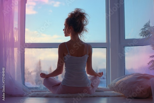 young woman meditating by a large window, soft daylight, pastel interior, cozy wellness lifestyle, stock photo clean composition 