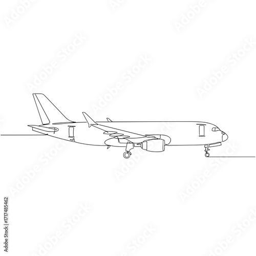 A one-line airplane, three-quarter view from the left at an angle, a minimalist black outline on a transparent background, a symbol of travel.