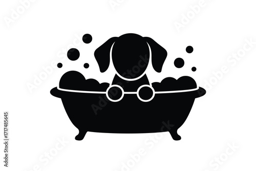 Cute dog enjoying a bubble bath in a clawfoot tub