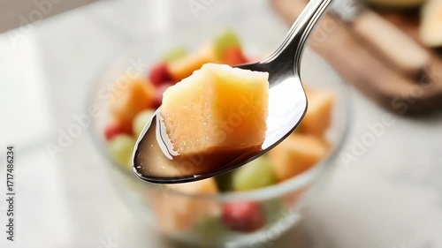 A glass bowl filled with cubed cantaloupe, strawberries, grapes, and cherries. A spoon is scooping a cantaloupe cube