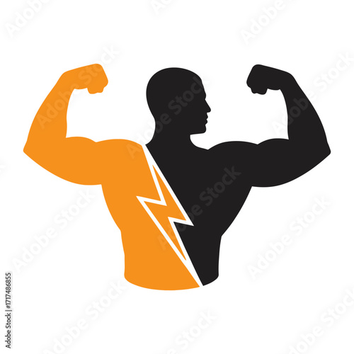 Silhouette of a muscular man flexing both arms with one side orange and a lightning bolt graphic