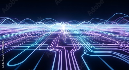 Futuristic digital landscape of glowing blue and purple energy lines representing data flow.