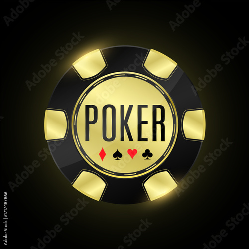 Gold poker chips on black background. Online casino concept. 3D realistic vector.