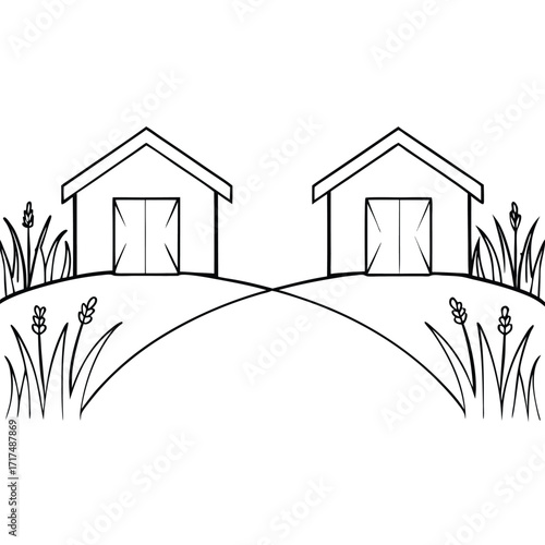 Twin barns with grassy fields plants