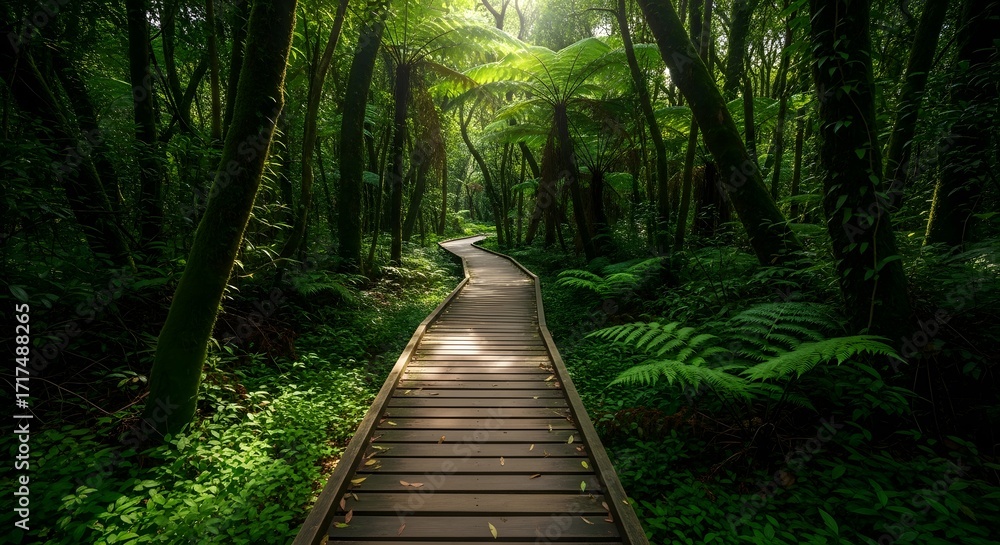 Obraz premium Winding wooden boardwalk through a lush and green jungle forest.