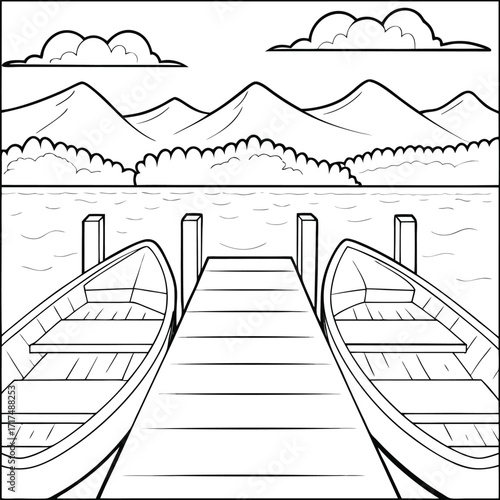 Two boats docked at a pier with mountains and clouds