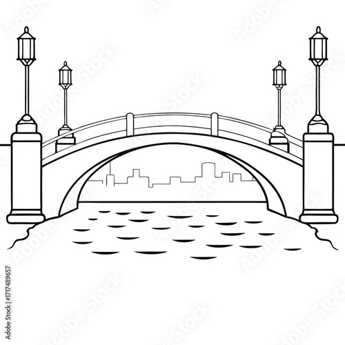 Arch bridge over water with city skyline and lampposts