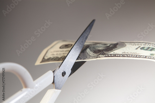 Scissors cutting a dollar bill on a gray background, business concept