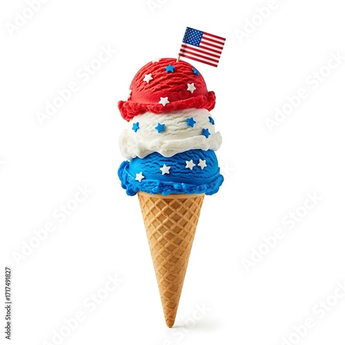 A patriotic ice cream cone boasts a delightful tricolor design, featuring red, white, and blue ice cream scoops adorned with star-shaped sprinkles.