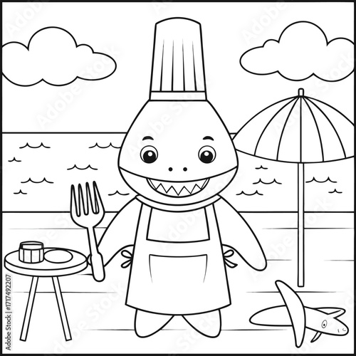 Chef shark with barbecue and beach umbrella apron fork