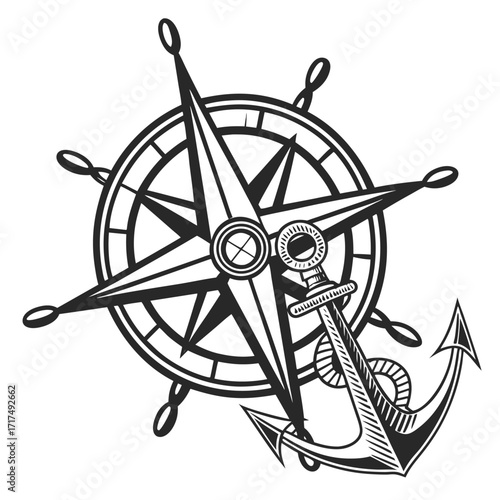 Vector illustration of a nautical compass and a wooden ship's wheel with a rudder, isolated for sailing and marine travel