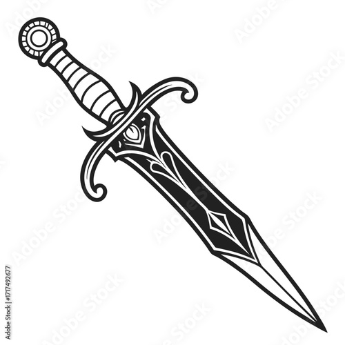 An isolated vector illustration of two crossed vintage medieval swords with a sharp blade and a wooden handle