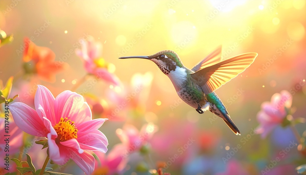 Fototapeta premium A hummingbird hovers near a pink flower in a sunny garden with a shallow depth of field and warm, vibrant tones.