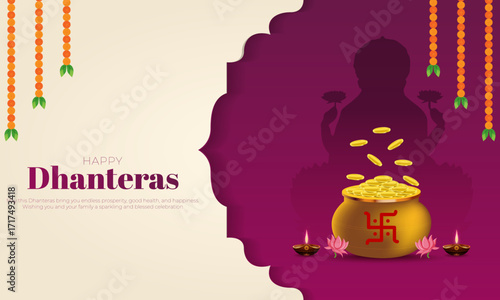 Happy Dhanteras Greeting Card and Post background. Celebration of ganpati and laxmi puja vector illustration.