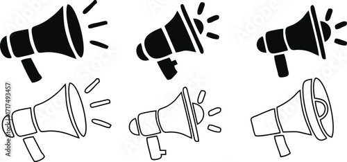 Megaphone icons set, loudspeaker symbols in black and outline design with sound waves, vector illustration for announcement, promotion, marketing, advertising and public communication