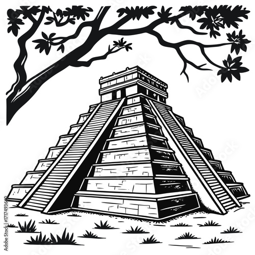 Steps of a wooden ladder lead to a tree with a bench in a garden, symbolizing the way to success