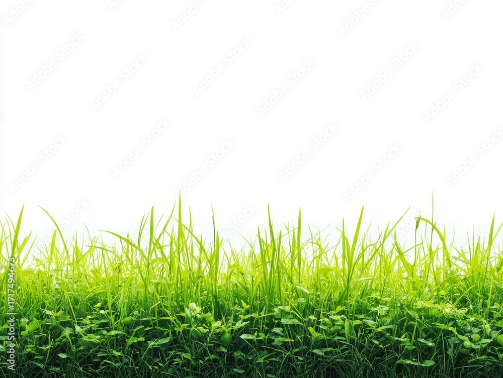 Fototapeta premium Fresh green grass and foliage against a bright white background
