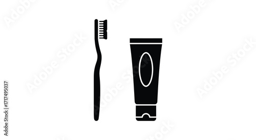 Simple black and white illustration of a toothbrush and toothpaste tube