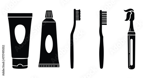 Simple black silhouettes of dental hygiene products arranged in a row