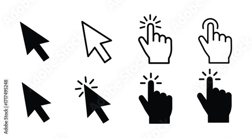 Collection of various black and white computer cursor and hand icons