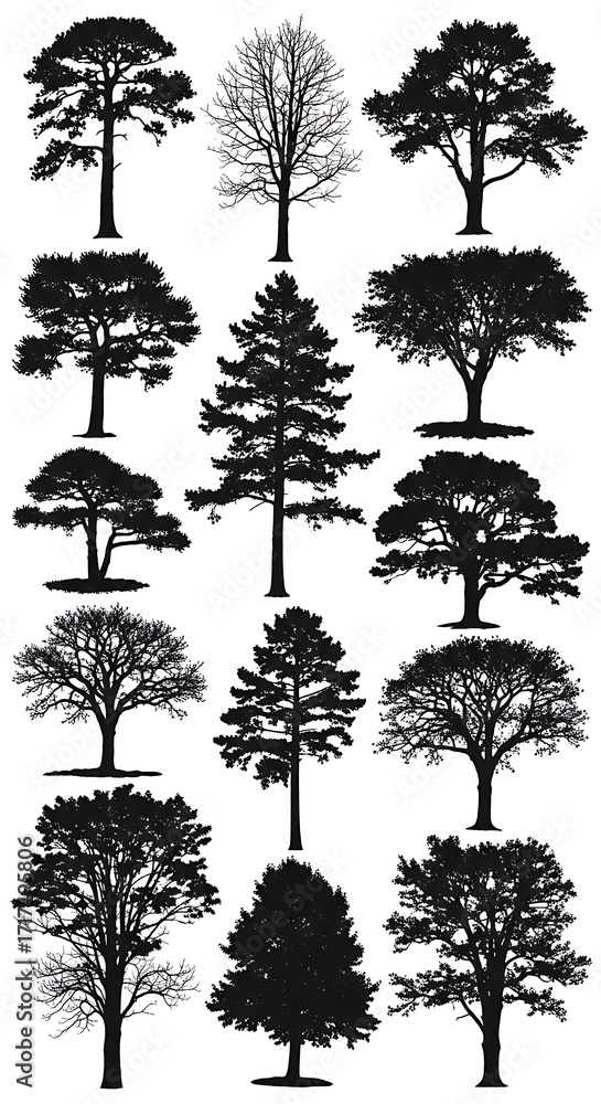 Fototapeta premium Diverse collection of tree silhouettes displayed against a plain white background.