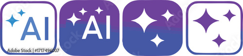 Artificial intelligence icons with sparkling star symbols in gradient blue and purple design, representing AI technology, innovation, creativity, digital future, and smart solutions