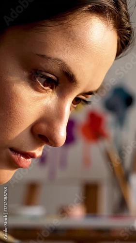 A woman is painting with a brush in her hand. Vertical video.