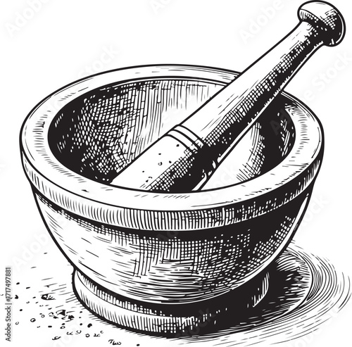 Mortar and Pestle Hand-drawn Vector Illustration, Sketch Drawing Doodle Line Linear Symbol Icon Engraving Coloring Book, Black and White Isolated