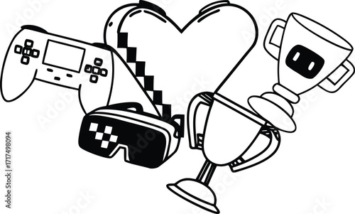 Hand-drawn vector illustration of a robot with headphones and a heart, holding a mobile phone with its mechanical fingers