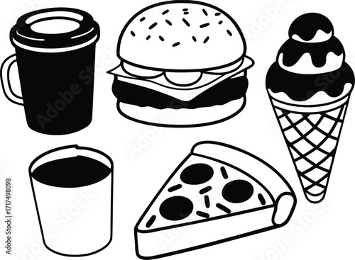 Vector icon set of sweet food and dessert, including ice cream, cake, and candy