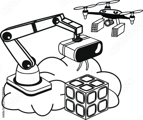 Vector illustration of a train station with a sketch of a building and equipment