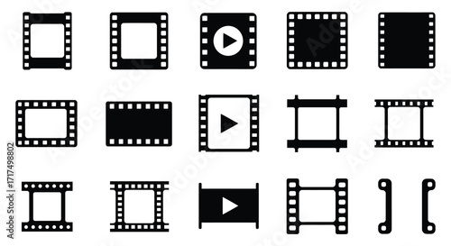Collection of various film strip frames and movie reel icons displayed