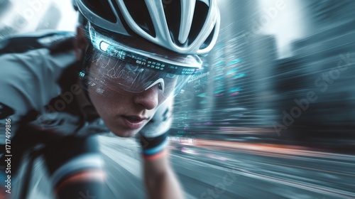 Cybernetic Cyclist: A dynamic cyclist is captured mid-race, their augmented reality visor displaying data as they surge forward, merging the worlds of athletic performance and futuristic technology.