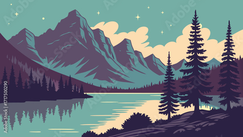 Serene mountain lake reflects dramatic peaks under starlit sky, capturing tranquil wilderness beauty and adventure.