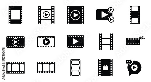 Collection of film strips and play buttons in a black and white style