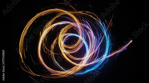 Abstract swirl of vibrant, twirling, luminous lines against black