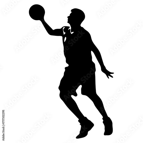 Silhouette of a basketball player reaching up with ball in hand preparing to shoot the basketball game shot