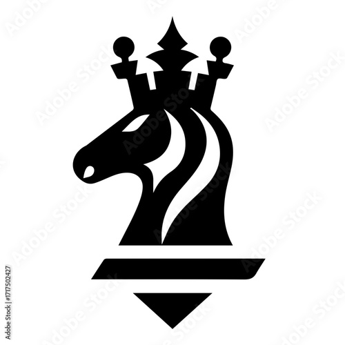 Illustration of a chess knight piece with a crown on its head in black and white color scheme design