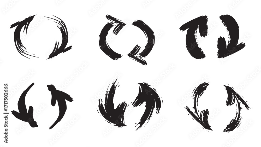 Set of arrows in the form of waste recycling sign, grunge arrows of different shapes drawn with brush in circle, waste reuse and recycle, save environment concept, recycling cans collection
