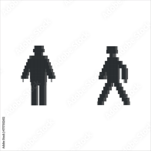 Pixel people on white background, walking man and standing man in cartoon style, people from traffic light for games and websites, gaming user interface, grey pixel people icons