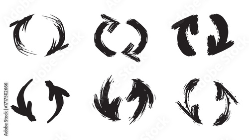 Set of arrows in the form of waste recycling sign, grunge arrows of different shapes drawn with brush in circle, waste reuse and recycle, save environment concept, recycling cans collection