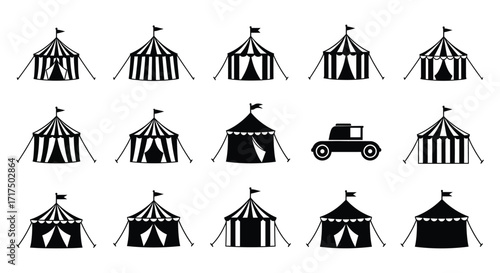 Black and white striped circus tents and a vintage car illustration