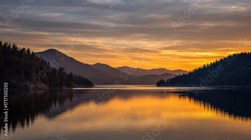 Wallpaper Mural Tranquil Sunrise Over Mountain Lake Reflected in Calm Waters Surrounded by Lush Forest and Rolling Hills Torontodigital.ca