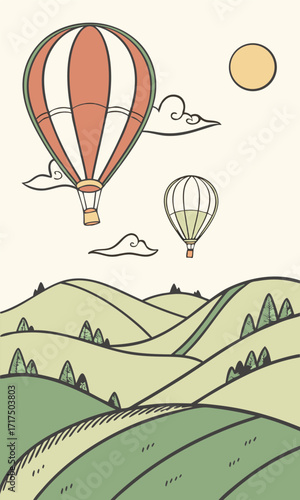 Hot Air Balloons Over Rolling Hills