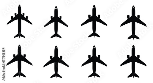 Eight black silhouettes of airplanes arranged in a grid pattern