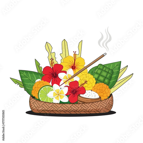 Colorful Balinese Offering with Incense Flowers and Traditional Elements.