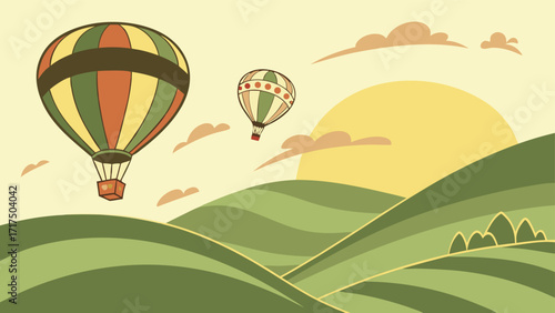 Dreamy hot air balloon ride over rolling green hills at sunrise, adventure travel inspiration, serene landscape, vector illustration for children's book