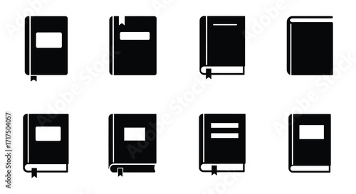 Collection of simple black book icons in various orientations displayed