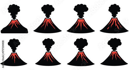A collection of cartoon volcanoes erupting with smoke and lava flows